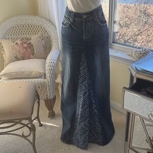 Hydraulic denim mixed media maxi skirt bling pockets boho